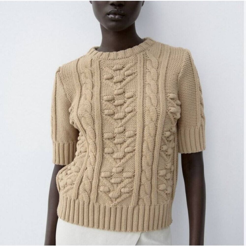 Zara Cable Knit Sweater Shirt Women's Medium Tobacco Round Neck Short Sleeve Swe